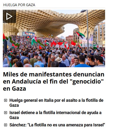 Una captura de pantalla de Canal Sur con el titular: 'Miles de manifestantes denuncian en Andalucía el fin del "genocidio" en Gaza'. Con genocidio entrecomillado, claro.