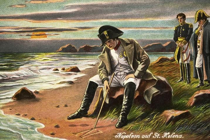 A painting of Napoleon sitting despondently on a rock at the shore of St. Helena, two of his men looking on in the background. This is one of the pictures most commonly used for the "There is nothing we can do" meme that has gone viral recently.