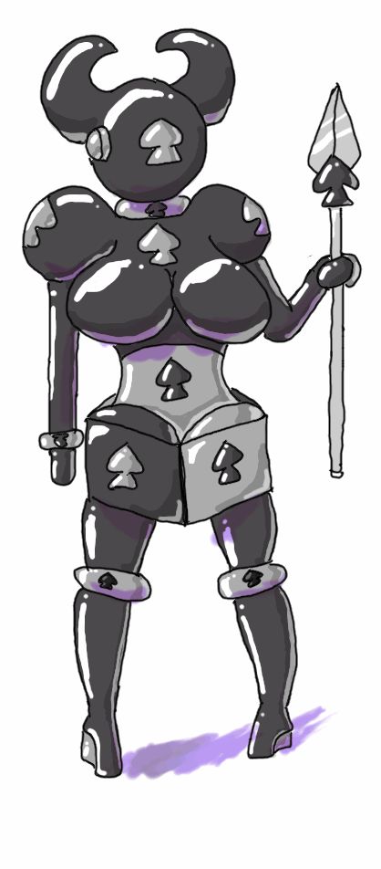 Q-Bee, from Darkstalkers, latex transformed into a 'Spade' based rubber drone. The concept came from a TF idea using a deck of cards and turning people into the different 'suits'. The skirt is made to come off like 4 playing cards placed around the hips.