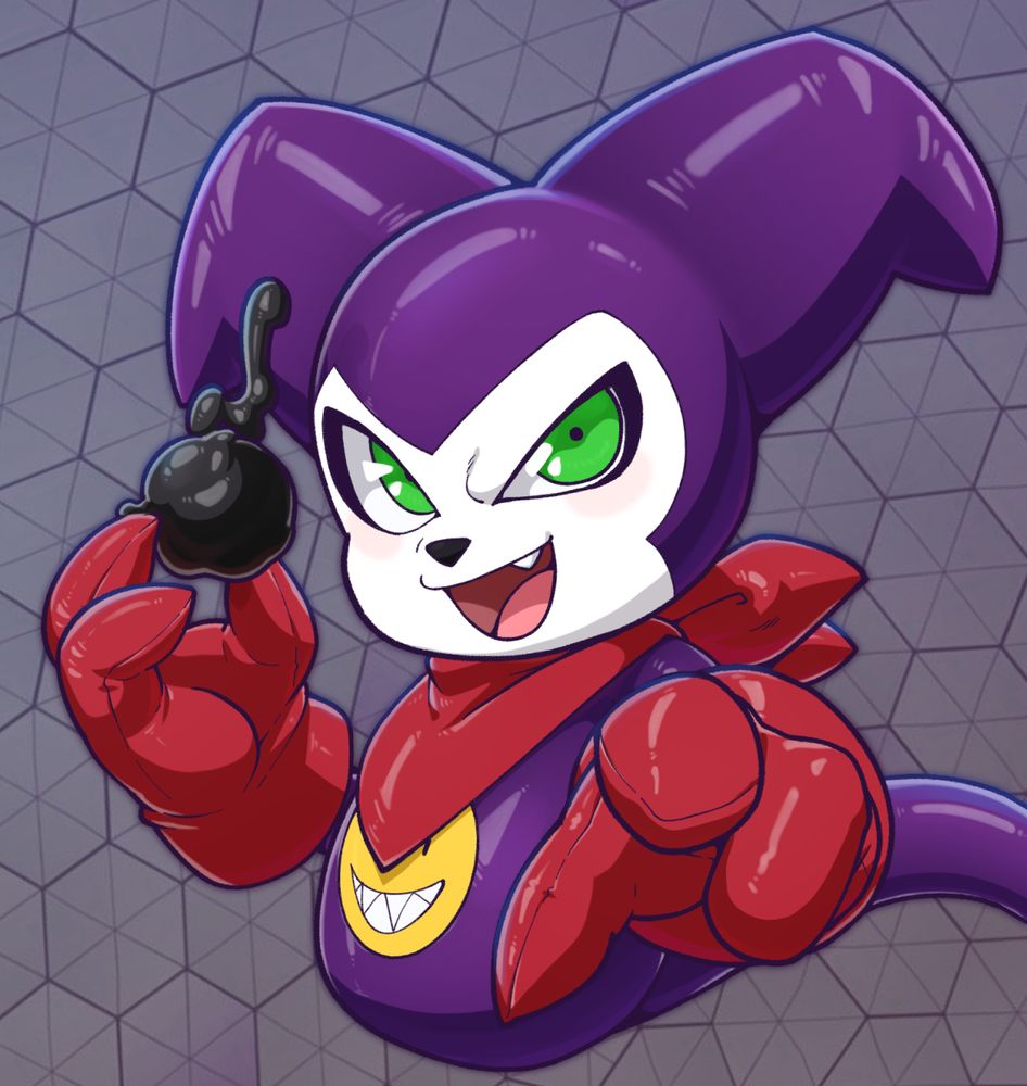 Impmon, from Digimon, where it's body is made out of latex. Holding a glob of black liquid latex, and pointing at the viewer, a clear intent of mischief making is implied. Drawn by NoahDoesArt.