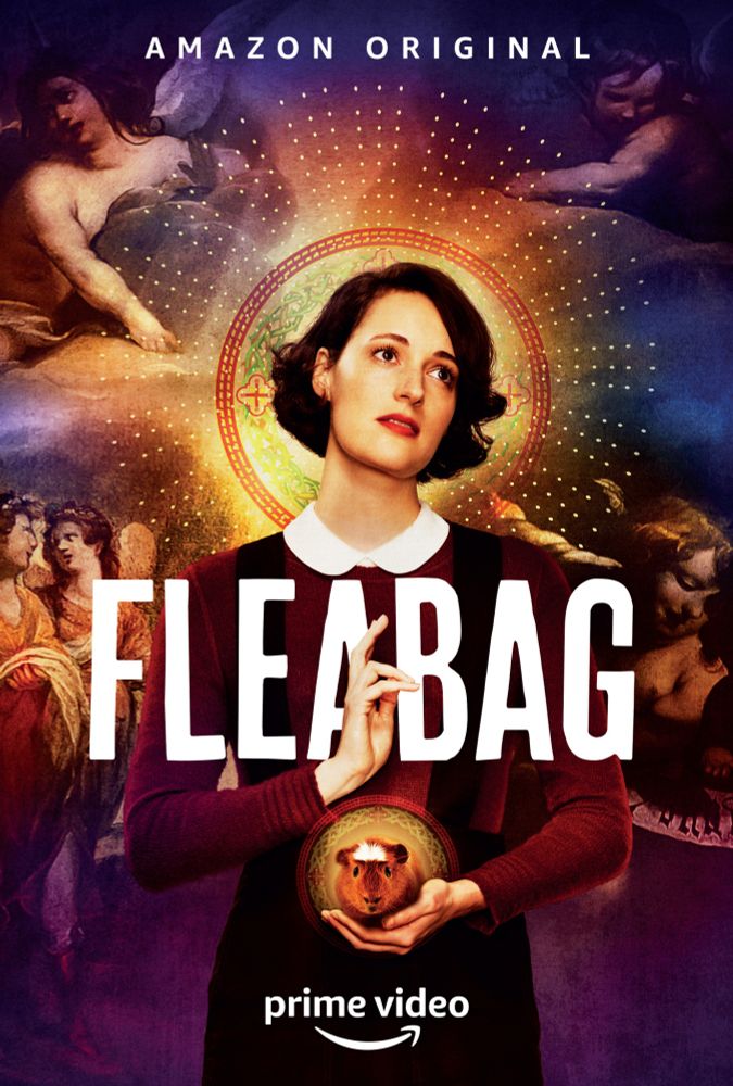 Fleabag TV show poster with Phoebe Waller-Bridge in the center, hold a guinea pig 