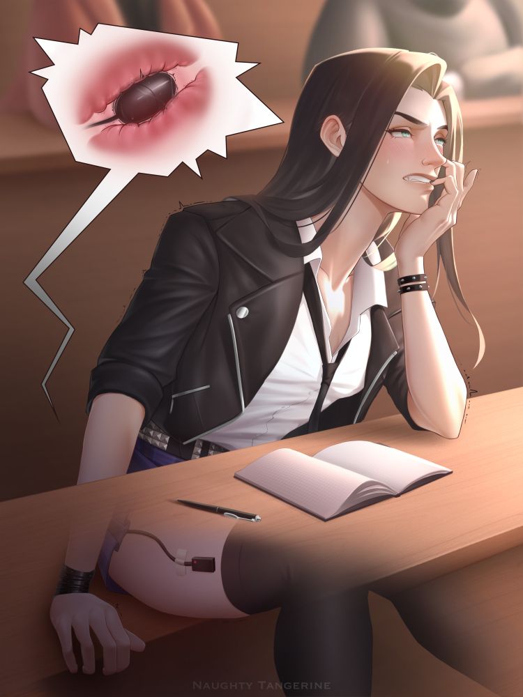 a black haired white girl (Grace) sitting in class with a hidden vibrator-egg vibrating away inside of her. an artwork by naughty tangerine.