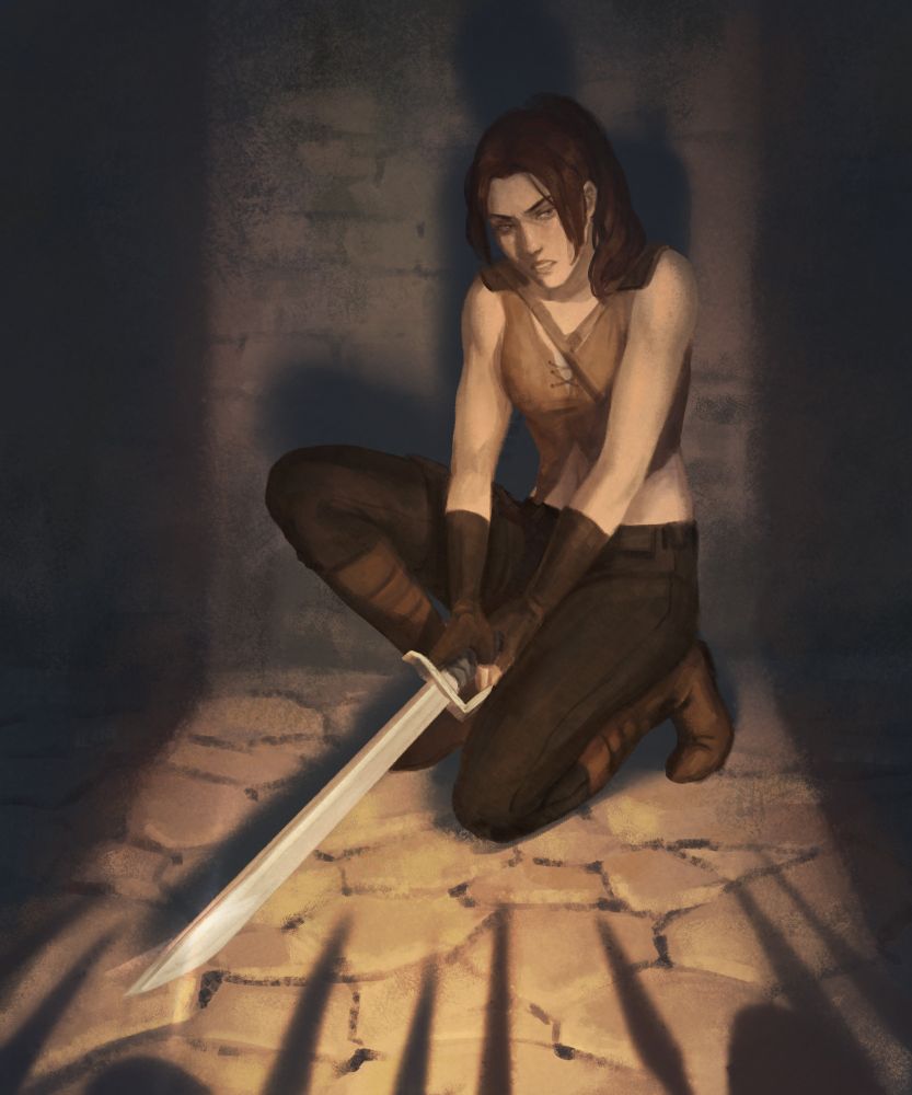 Syreena kneeling, sword in hand and looking towards a doorway. shadows reveal that several people with spears are facing her.
art by atris013