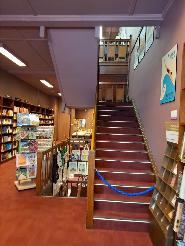 A bookstore, with stairs leading up and down