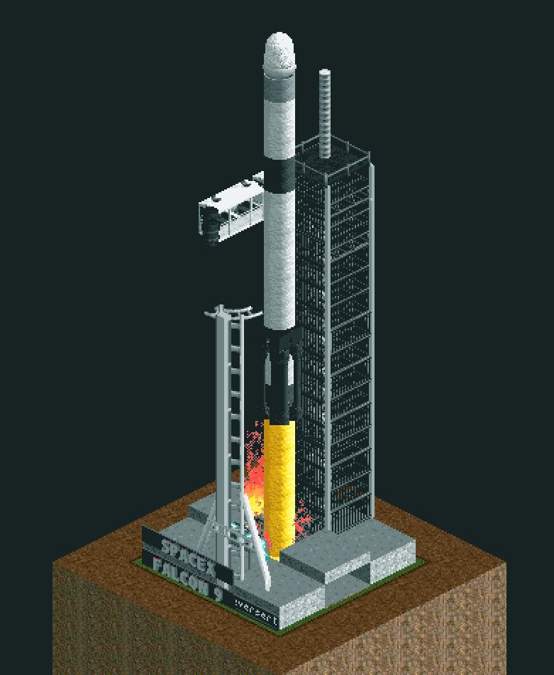 SpaceX's Falcon 9 rocket and Crew Dragon lifting off the launchpad, recreated in Open Roller Coaster Tycoon 2.