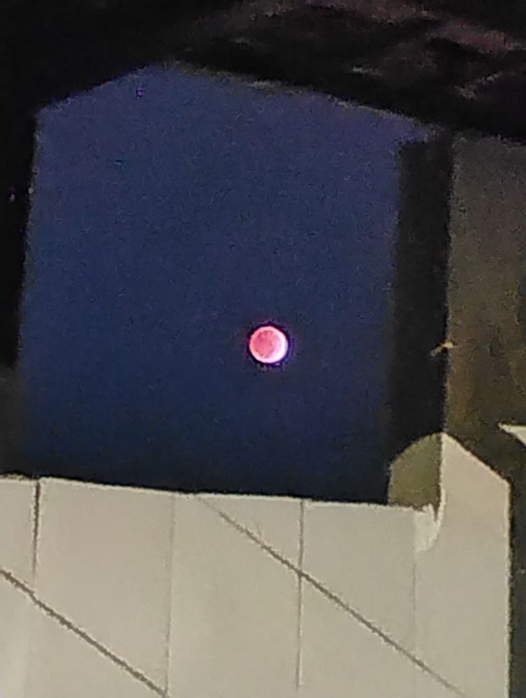 Imagem pobremente tirada do eclipse. Aparece o pedaço de uma parede com cerâmica branca na parte de baixo. A lua está no centro, avermelhada pela sombra da terra, ainda iluminada pela luz do sol na bordinha.