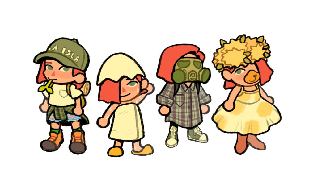 Four digital drawings of my Animal Crossing New Horizons character, Rhubarb. Each figure has a different summery outfit on.