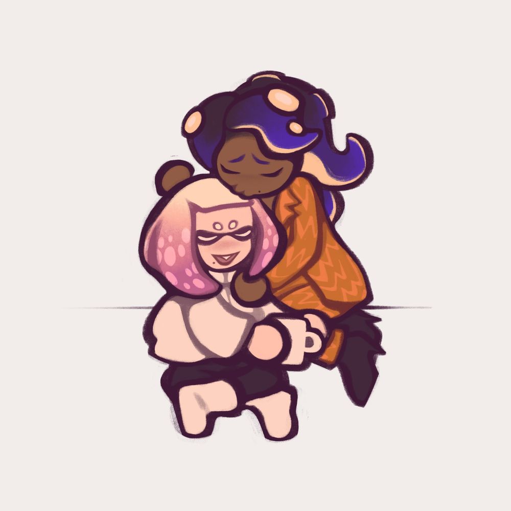 A digital illustration of Pearl and Marina from Splatoon posing in front of a white backdrop. Pearl is holding a white mug. Marina is kissing the top of Pearl's head.