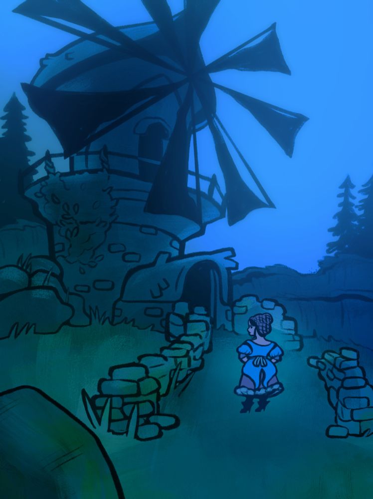 A digital illustration of a windmill in a ghostly mist. A woman dressed in a bustle and bonnet stands with her back to the viewer, looking over her shoulder.