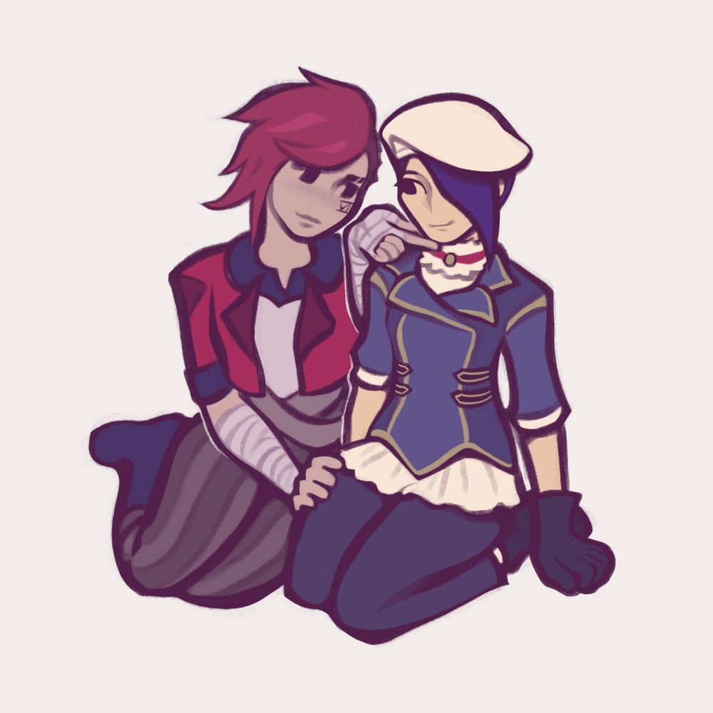 A digital illustration of Vi and Caitlyn from Arcane posing in front of a white backdrop. They are both sitting on the ground. Vi is holding Caitlyn's chin with her finger.