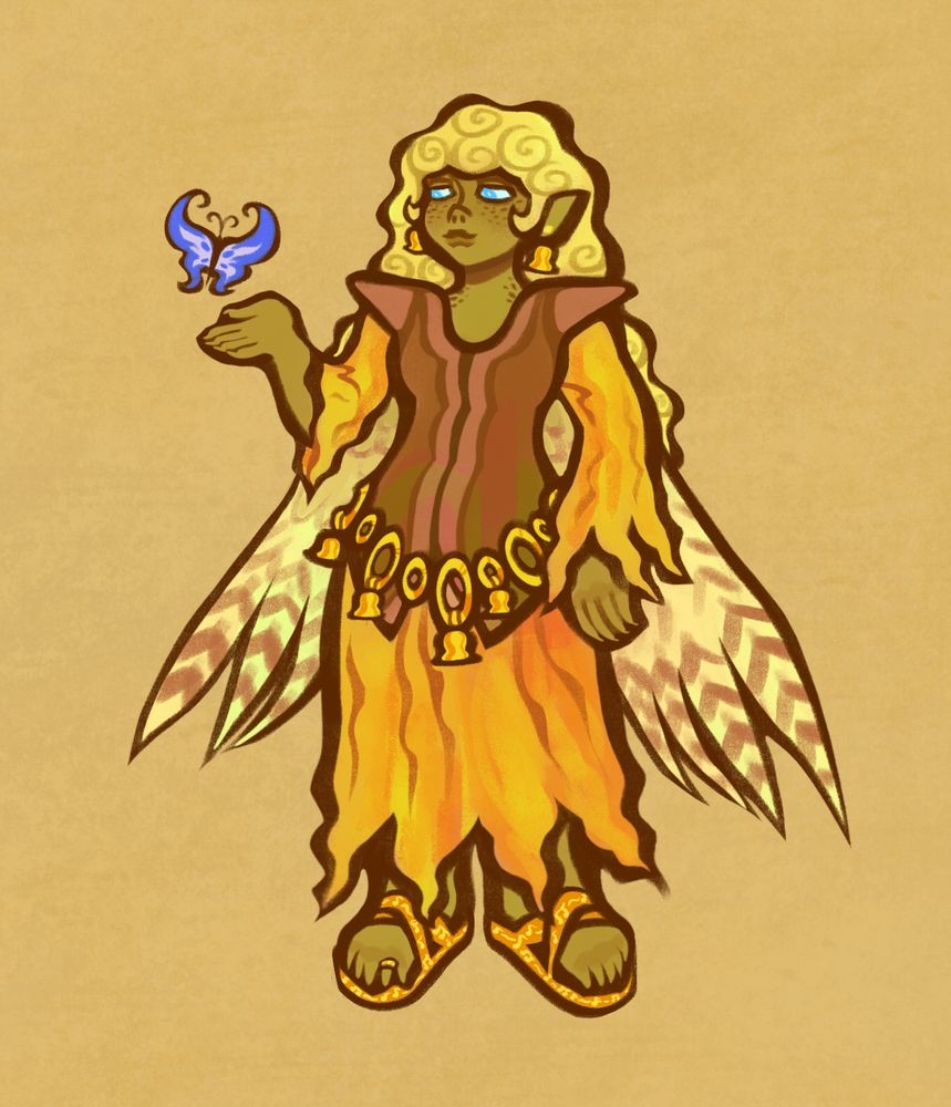 A digital illustration of a goblin-harpy girl wearing a leather jerkin, a yellow dress, and many bells on her belt and earrings. She’s reaching out towards a blue butterfly.