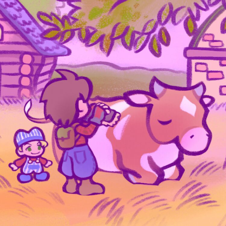 A detail shot of the farmer, toddler, and cow from the above piece.