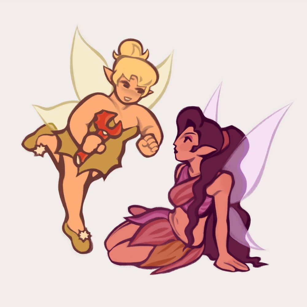 A digital illustration of Tinkerbell and Vidia from Pixie Hollow posing in front of a white backdrop. Tinkerbell is holding a wrench made makeshift from a crab claw. Vidia is sitting on the ground and looking at Tinkerbell.