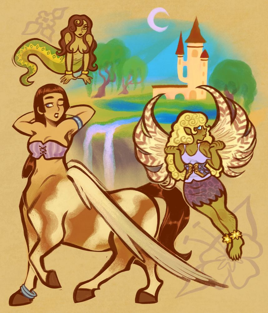 A digital illustration of three women of different fantasy races. Top-left is a naga woman, bottom-left is a centaur woman, and middle-right is a goblin/harpy woman. There is a small painting of a castle tower and a river in the background.