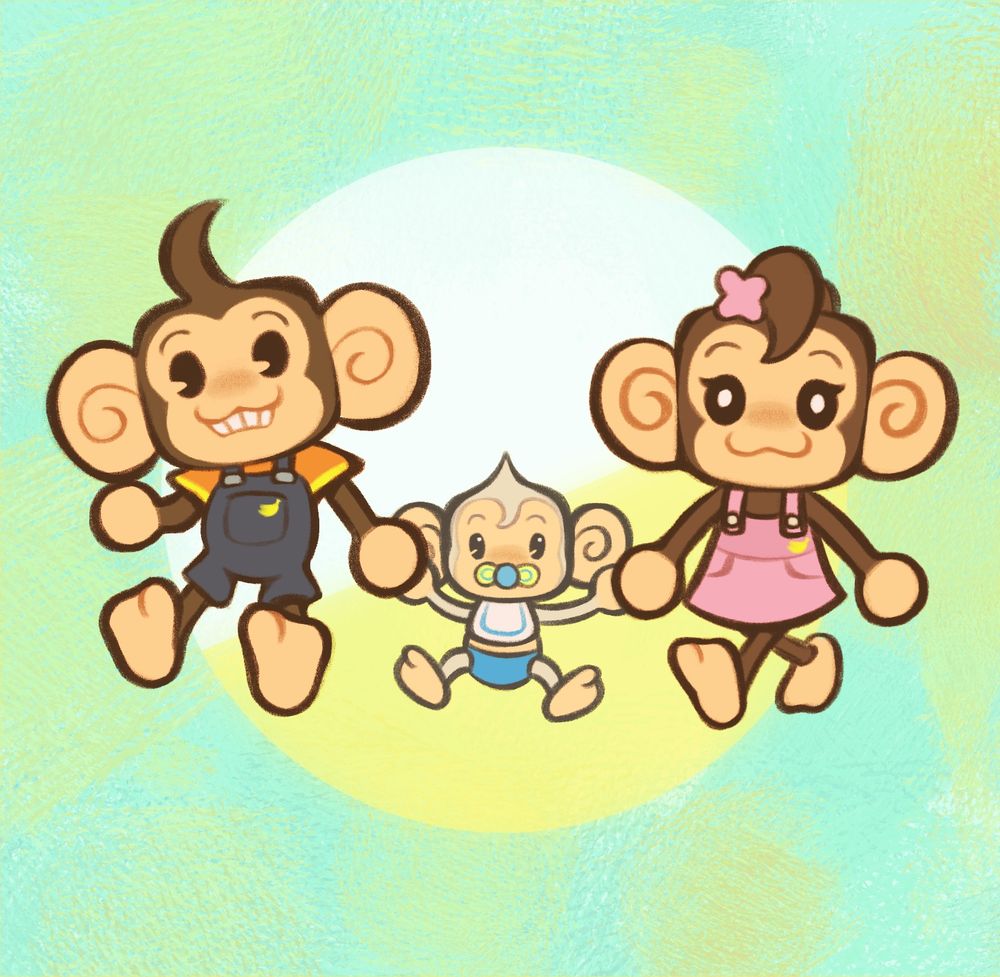 A digital illustration of characters from Super Monkey Ball posing over a green backdrop with a capsule ball shape behind them. From left to right they’re AiAi, Baby, and MeeMee.