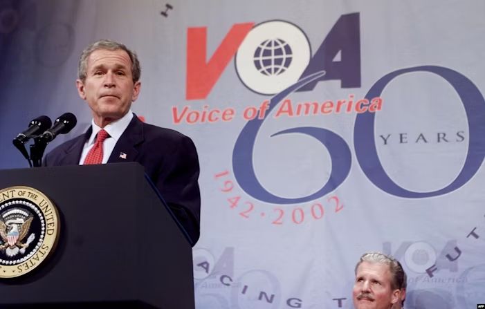 President George W. Bush speaks at a celebration for the 60th anniversary for the Voice of America Feb. 25, 2002.