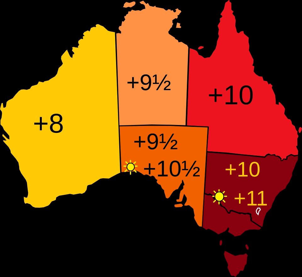 Carte de l’Australie montrant les différents fuseaux horaires, état par état:
* Australie Occidentale : AWST (Australian Western Standard Time)  UTC+08:00 toute l’année ;
* Territoire du Nord : ACST (Australian Central Standard Time) UTC+09:30 toute l’année ;
* Australie Méridionale : ACST (Australian Central Standard Time) UTC+09:30 et UTC+10:30 en été ;
* Queensland : AEST (Australian Eastern Standard Time) UTC+10:00 toute l’année ;
* Nouvelle-Galles du Sud/Victoria/Tasmanie : AEST (Australian Eastern Standard Time) UTC+10:00 ey UTC+11:00 l’été. 