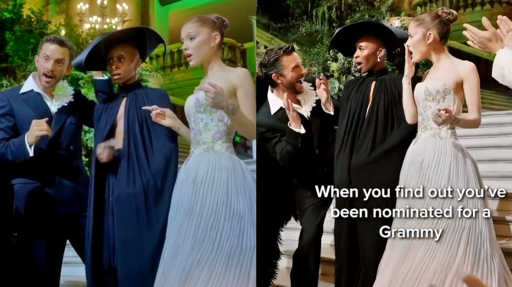 Videos of Jonathan Bailey, Cynthia Erivo, and Ariana Grande reacting live to the 2026 Grammy Award nominations during a Wicked For Good press event.