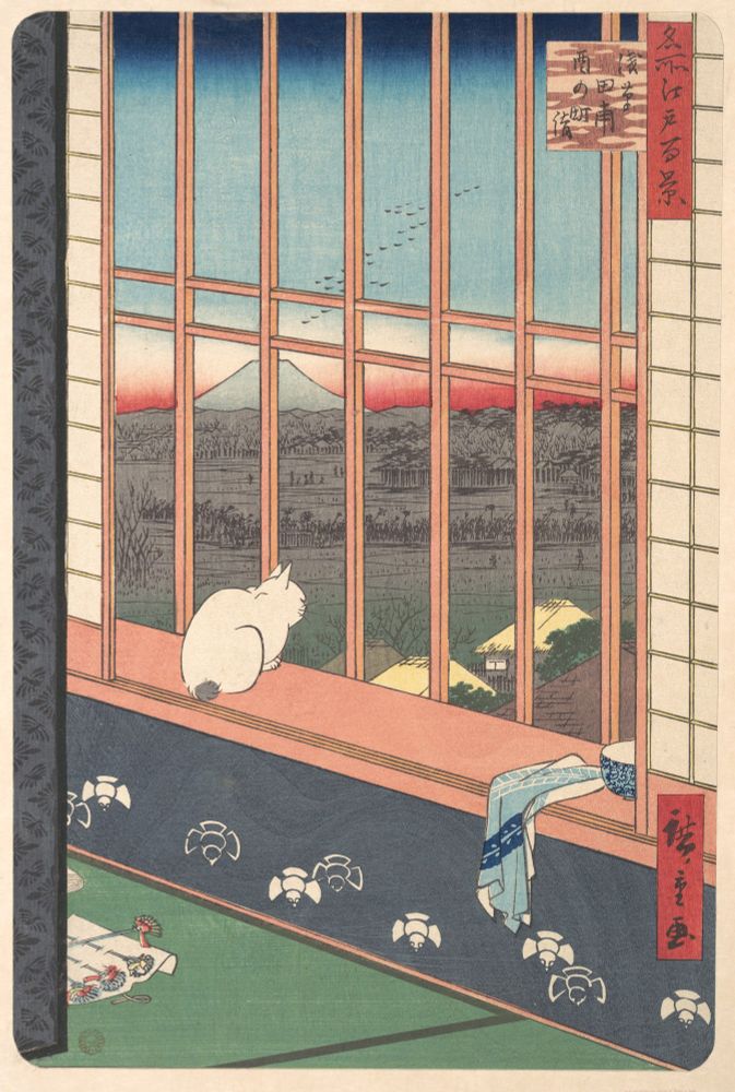 The ukiyo-e print "Revelers Returned from the Tori no Machi Festival at Asakusa, from the series One Hundred Famous Views of Edo" by Utagawa Hiroshige. A white cat sitting in a large window amongst some discarded items overlooks a japanese landscape at sunset.