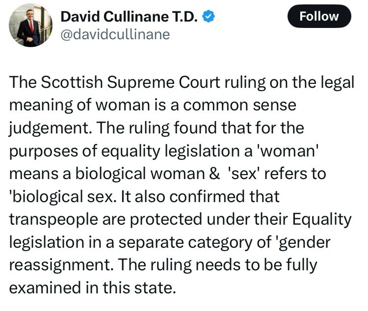 Post supporting the anti trans uk ruling by David Cullinane Sinn Fein td 