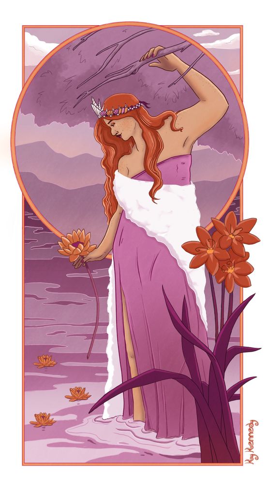 Illustration of a red haired women in a pink dress and white fur standing in water. She looks down at an orange flower she’s holding in one hand as her other hand holds onto a tree branch.