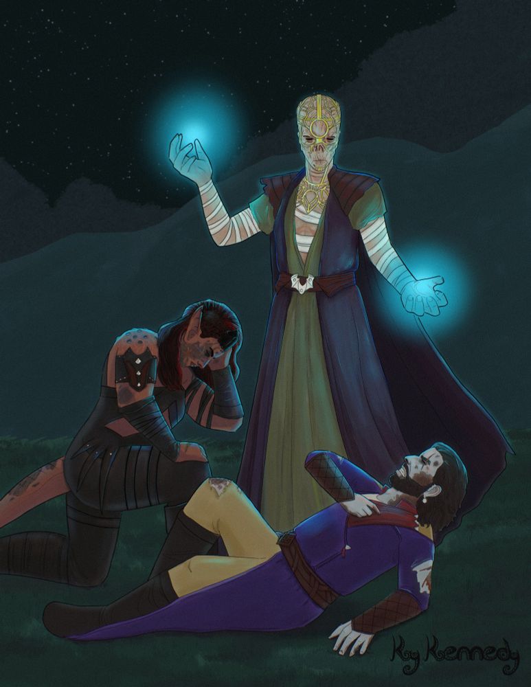 Illustration for a Baldur’s Gate 3 Zine: Withers stands over Gale and Karlach, his hands glow as he’s resurrecting them. The two beneath him still wounded as they start to rise. 