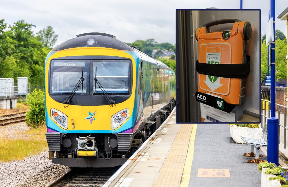 An image of a defibrillator next to a TransPennine Express Class 185 train. 