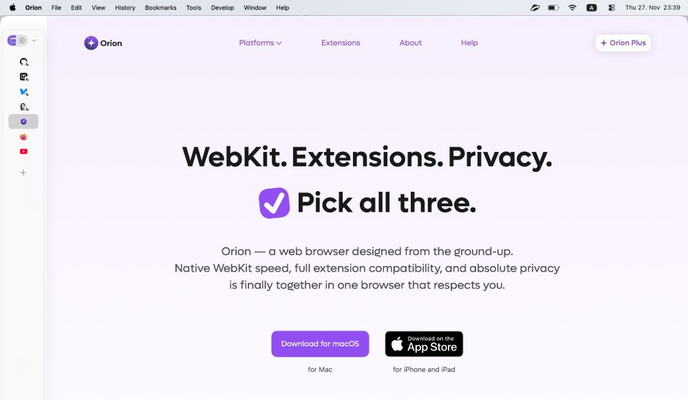 Orion 1.0 web browser on macOS. The UI shows focus mode and vertical tabs enabled.