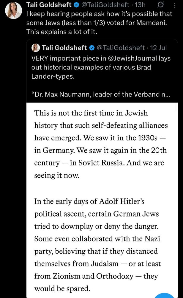 Notable shande Tali Goldsheft comparing Jewish Zohran supporters to the Jewish people who downplayed Hitler (who all died in the Shoah and did not deserve to die in the Shoah).