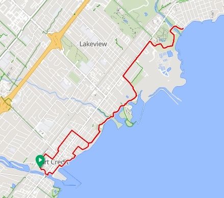 Cycling route map from Port Credit Arena to Marie Curtis Park and return
