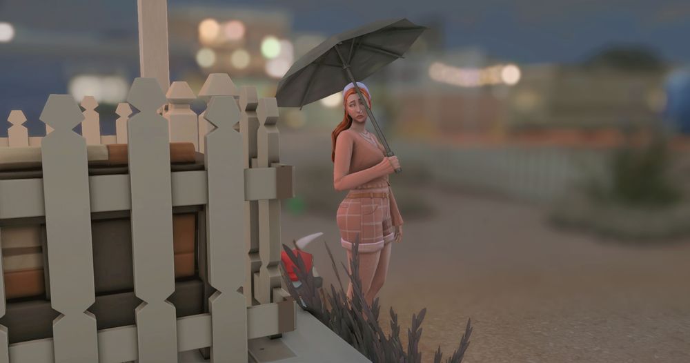 Rae holding an umbrella outside of her trailer looking around suspiciously 