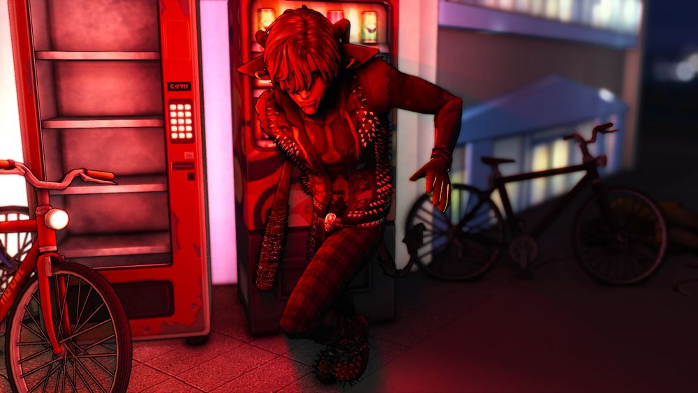 Red lit demon Sim holding a baseball bat wrapped in barbed wire lurching towards the camera