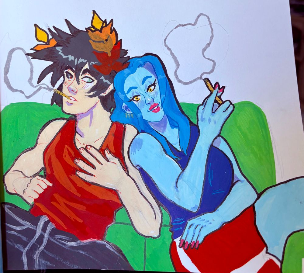 2025 paint pen art of zagreus and meg smoking joints on a green couch