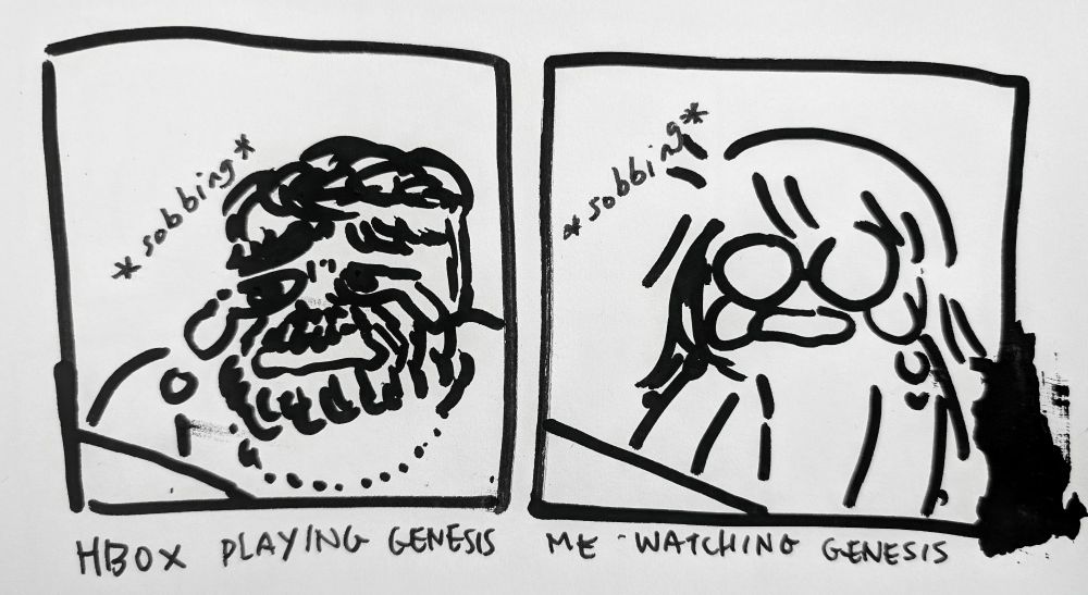 panel 1: hbox sobbing while playing the final set at genesisx2
panel 2: me mutually sobbing while watching the final set at genesisx2 