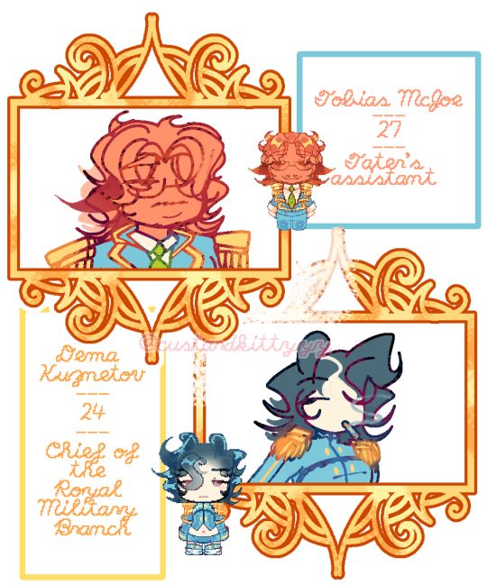 This image contains two information boxes for the characters here.
The first one says: "Tobias McJoe. He is 27 years old and is Tater tot's assistant."
The second one says: "Dema Kuznetov. She is 24, and is chief of the royal military branch of the cakeling government".