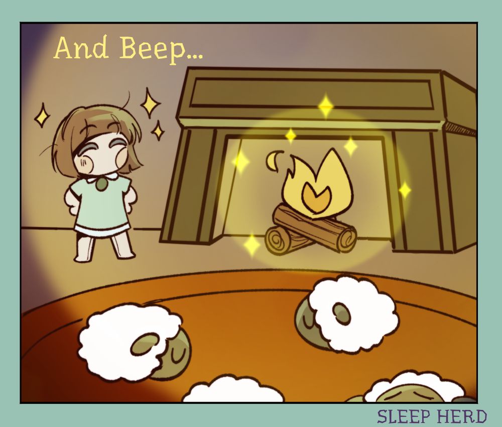 Wooly sheep sleep near a fire while the doll stands proud. Caption: "And Beep.."