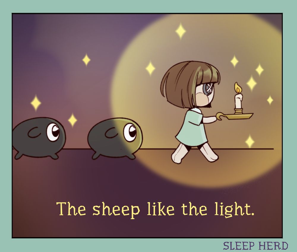 A doll is followed by 2 sheep while she is holding the candle. Caption: "The sheep like the light."