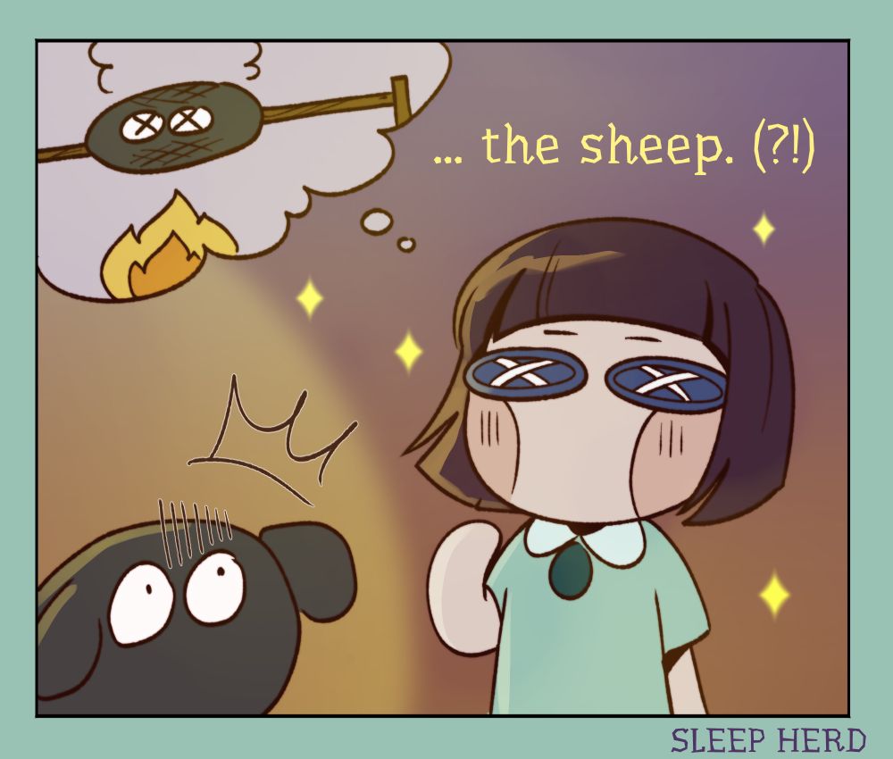 The doll imagines roasted sheep while a sheep stares at her in shock. Caption: "..the sheep (?!)"