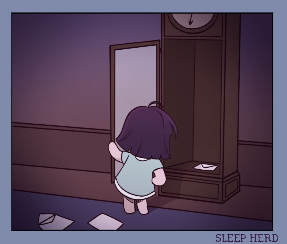 Beep is looking inside a grandfather clock. There are letters strewn on the ground, and one inside the clock.