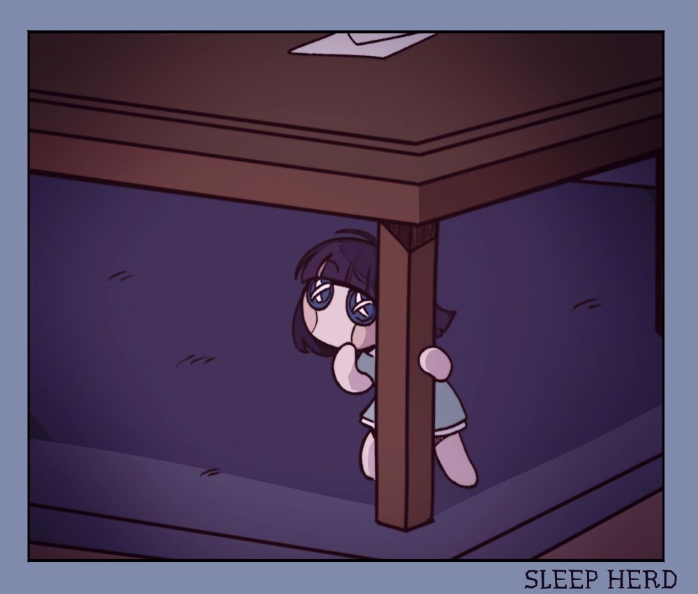 Beep the doll is under a table looking for something.