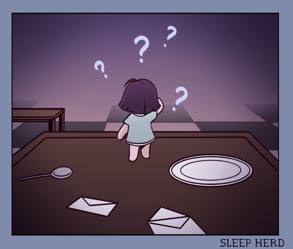 Beep is on a kitchen table covered in letters, a spoon, and a plate. She is looking into the distance, with question marks surrounding her head.