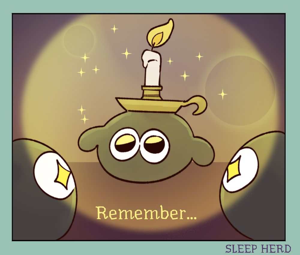 Drawing of a sheep with a candle on its head while two other sheep stare im awe, with the caption "Remember..."