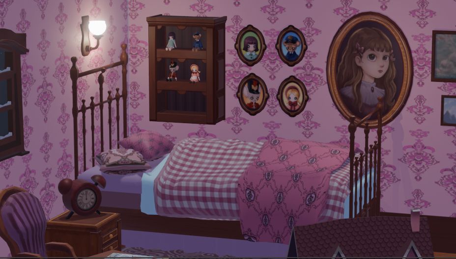 Screenshot of the introduction cutscene of the game SLEEP HERD. It depicts a child's bedroom furnished with pink coloured furniture and pink wallpapers, as well as a shelf where dolls and toys are sitting. 
