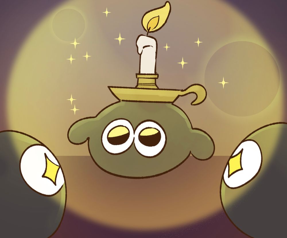 A drawing of a sheep, with a candle on it's head, while other sheep stare in awe.