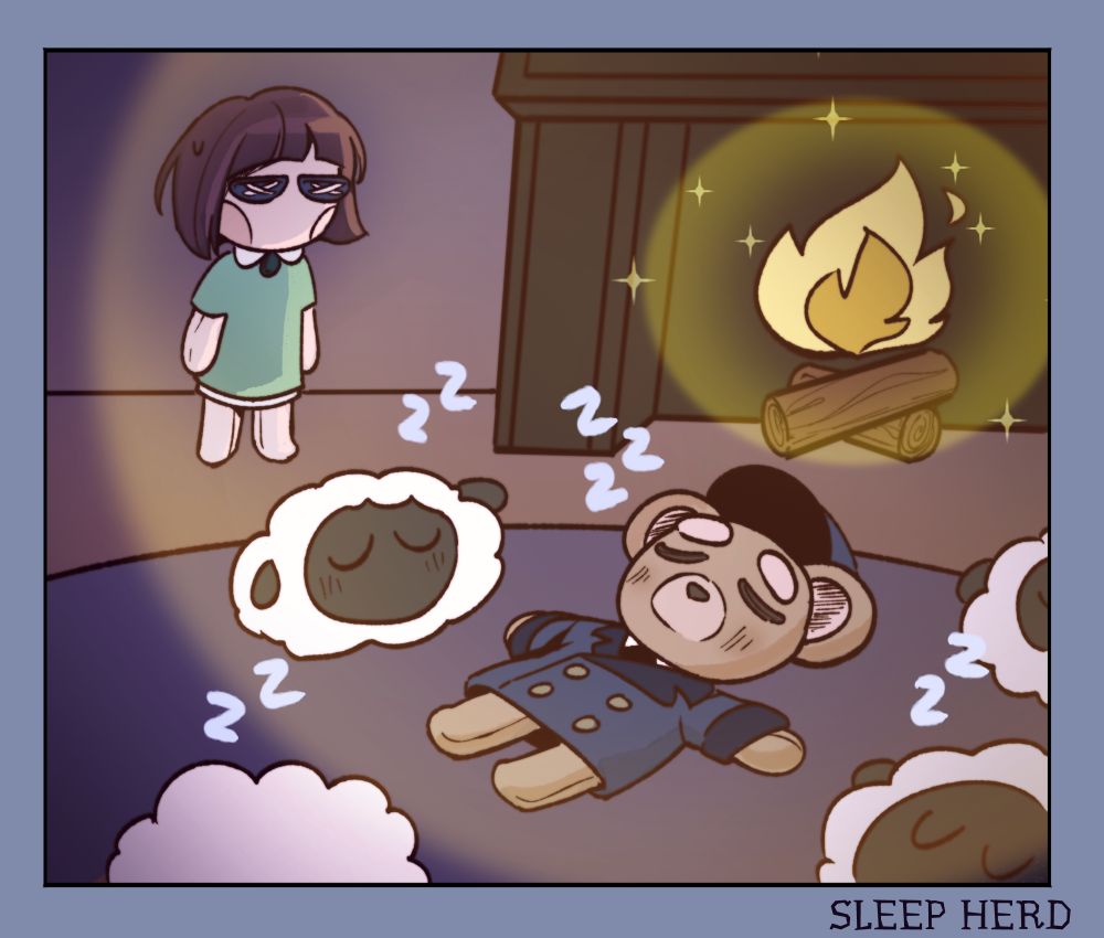 Beep stands near the fireplace with a disappointed/frustrated look. She is staring at a doll of a bear. It's Kovsky. He is sleeping on the rug in front of the fire next to a bunch of sleeping sheep. 
