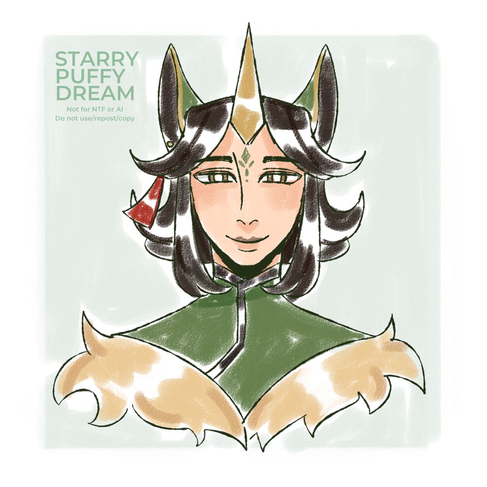 Clean headshot sketch with pencil style shading. Shows a genshin oc with a unicorn horn. Character owned by Tigerari