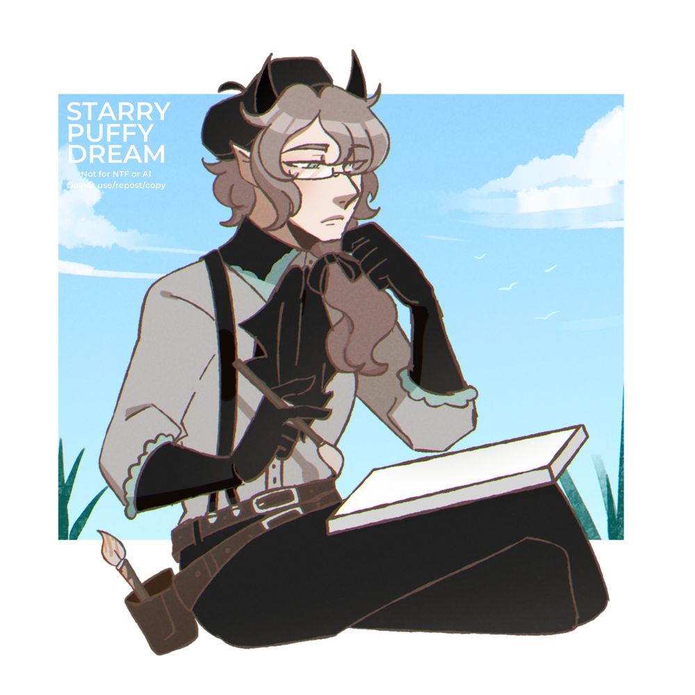 Illustration depicting an artist demon guy sitting outside and pondering what to draw. Character is owned by DagaChan13