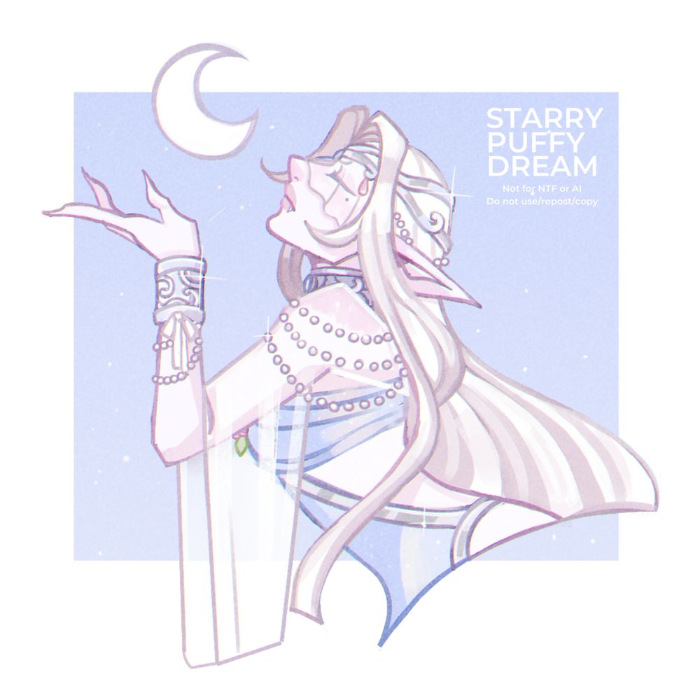 Illustration depicting a vampire woman in side view with her eyes closed. She has her arm stretched up while a crescent moon is above it. Character is owned by hydrangeasgf