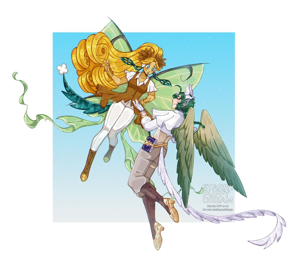 Illustration of two fullbodies. Shows a girl with yellow hair reaching out her left hand to grab the hand of a geren haired boy because she is learning how to fly.