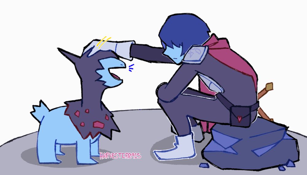 Kris from deltarune petting a deino, pokemon